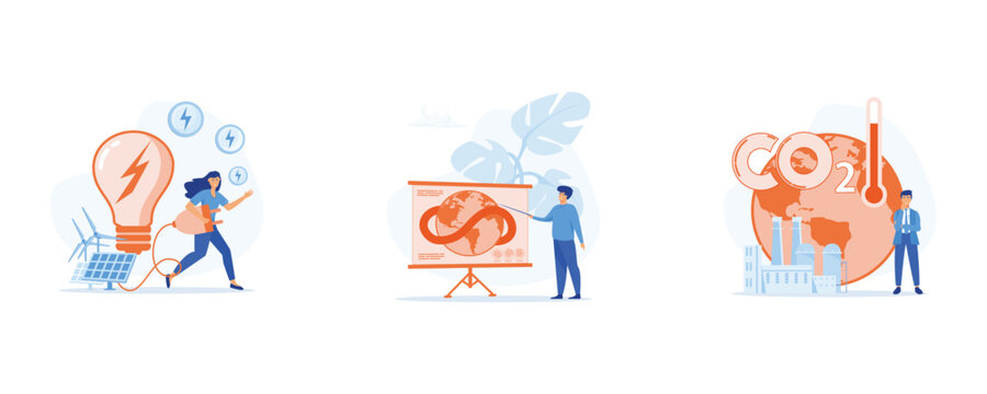 Circular economy, Sustainable economic growth, green energy and industry, set flat vector modern illustration