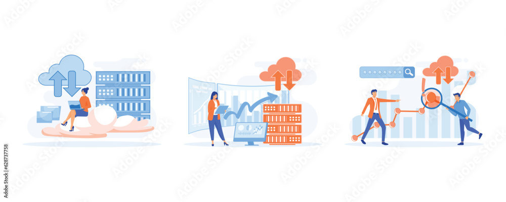 Poster big data and cloud computing. business characters using remote servers to analyzing large sets of da