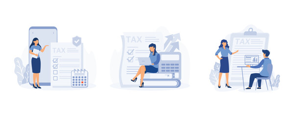 Taxation planning concept. Characters using tax calendar to filling tax declaration form online and with financial adviser. set flat vector modern illustration 