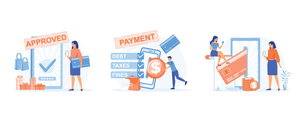 Obraz na płótnie Canvas Online mobile payment and banking service, payment approved, paying taxes and debts on the cellphone apps, Mobile payment, online banking. set flat vector modern illustration