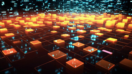 Obraz premium 3d render. Abstract technological black cubes background with glow elements. Cubes pattern. generative ai.