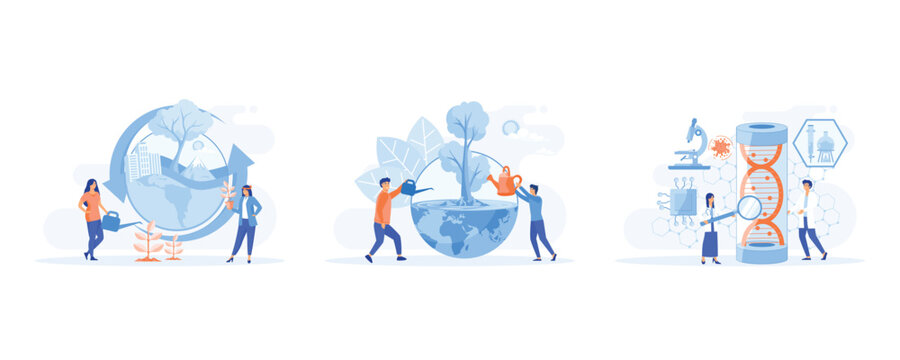 World Environment Day, Bio Technology, green planet, globe with trees growing on it, Biotechnology or bio tech DNA research, set flat vector modern illustration
