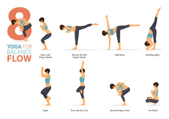 8 Yoga poses or asana posture for workout in balance flow concept. Women exercising for body stretching. Fitness infographic. Flat cartoon vector.