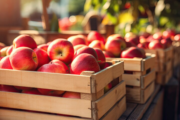 Close-up of wooden crates full of ripe apples