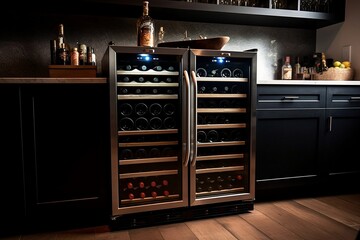 Wine fridge in kitchen, special refrigerator, temperature-controlled appliance meant to store wine bottles and chill wine at home. Cooling and preserving wine at home concept. Generative AI Technology