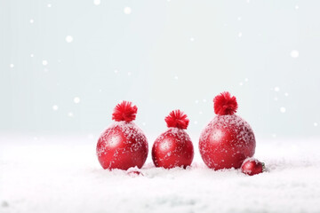 Naklejka na ściany i meble Christmas red balls with Santa hats on snow over white background. Vertical Xmas card