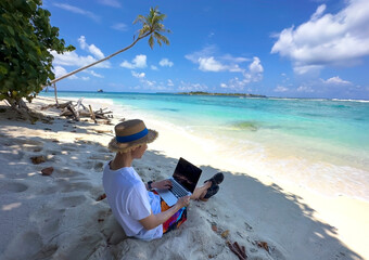 Nomad digital with laptop and running remotely with bright scenic view near poolside on the beach in summer time