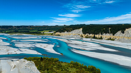 The aerial view with a ecosystem of the River lagoon Valley and blue water river - obrazy, fototapety, plakaty