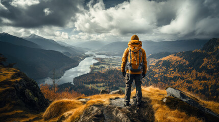 Fototapeta premium A man in hiking gear, standing atop a mountain, overlooking a panoramic view