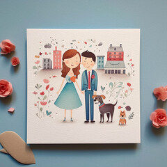 Wedding invitation. Beautiful wedding card with bride and groom. Vector illustration. generative ai.
