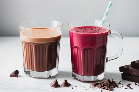 a glass of chocolate smoothies on white background