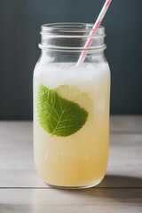 Coconut water drink in glass jar with handle