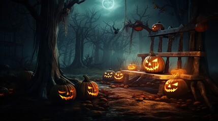 Jack O Lanterns light up the darkness on Halloween night, creating a spooky forest scene.