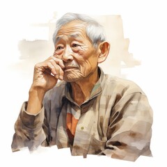 Asian old man in thinking and doubts watercolor illustration. Male character with dreamy face on abstract background. Ai generated watercolor poster.
