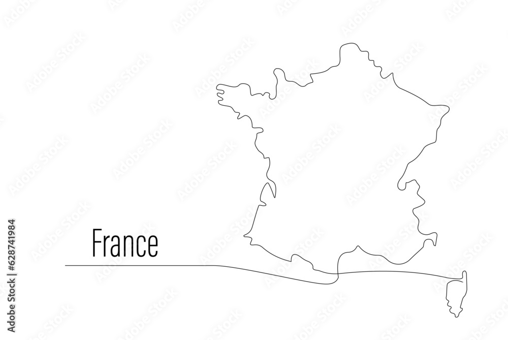 Wall mural France map one continuous line drawing. Country single line contour map, shape of country. Map silhouette of European country, state in EU. Drawing editable stroke. Vector minimalist illustration