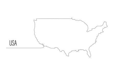 USA map one continuous line drawing. Country single line contour map, shape of country. Silhouette of United States of America. Northern America continent Vector illustration. Editable stroke.