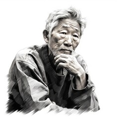 Asian old man in thinking and doubts monochrome illustration. Male character with dreamy face on abstract background. Ai generated black and white sketch poster.