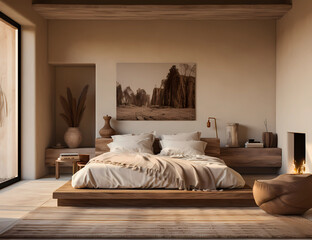 Captivating 3D Bed Model in a Neutral Bedroom Mock-Up: Sepia-Toned, Terracotta Accents, Matte Background, Rustic Texture, Light Yellow, Nikon D750 Photo