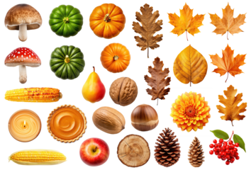 Collection of various autumn objects - leaves, mushrooms, nuts, fruits etc, isolated on transparent background