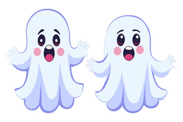 Fototapeta premium Two cute spooky Halloween ghosts. Funny comic phantom characters. Cartoon baby spirits that want to scare. Vector illustration.