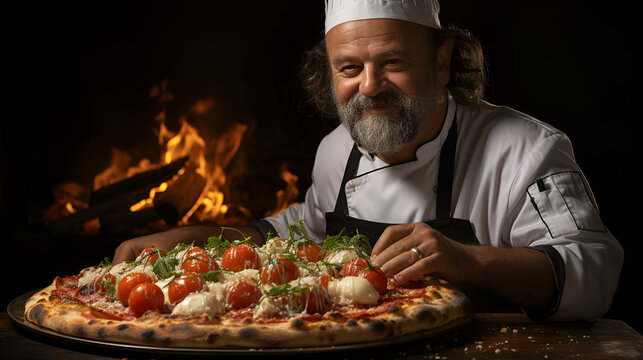 Taste of Italy. A pizzaiolo Chef from Naples Showcasing a Delicious Piping Hot Pizza. Copy Space. Neapolitan Gastronomy