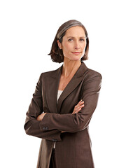 Portrait, business woman and leader with arms crossed in isolated on transparent, png background....