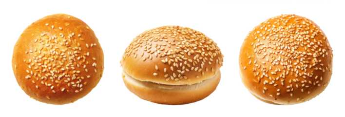 Three buns with sesame isolated on white background