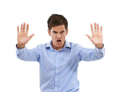 Stop, anger and portrait of business man with hand gesture on isolated, png and transparent background. Professional, conflict and frustrated, angry and shouting male person with palms for warning