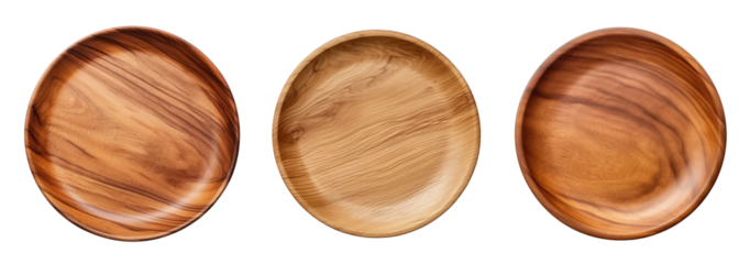 Set of empty wooden plates isolated on white background, top view