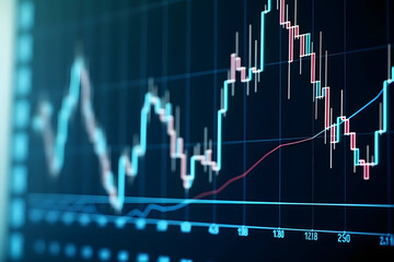 Closeup of financial chart display with generic volatile asset candlesticks graph, neural network generated photorealistic image