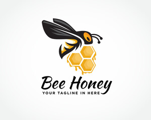 flying bee on beehive hexagonal cells create honey art logo design template illustration inspiration