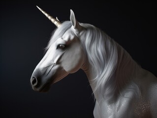 Obraz na płótnie Canvas White unicorn on black background. side portrait of a beautiful unicorn.