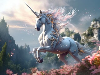 Unicorn with flowers. legendary beast 