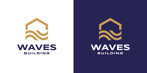 Waves Building Logo Simple Monoline Style. Home + Wave Shape