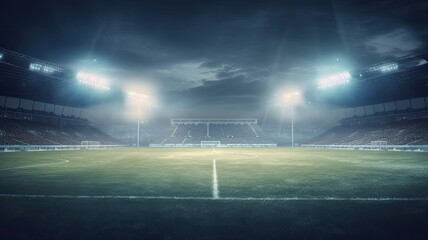 Soccer arena. Realistic european football stadium with grass field, lights and spotlights. Banner...