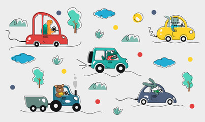 Cartoon animals on cars. Children's background. © V. G. Design