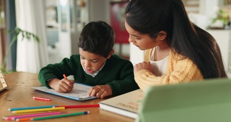 Home, school and mom helping child with work in house, living room or boy with homework, writing and learning at table. Education, development and mother teaching math to kid with notebook and tablet - Powered by Adobe