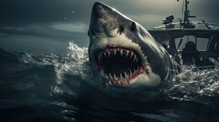 A fierce shark with its mouth wide open, showcasing its sharp teeth, ready to attack. Generative AI