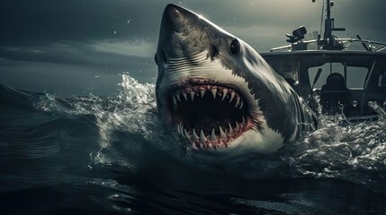Fototapeta premium A fierce shark with its mouth wide open, showcasing its sharp teeth, ready to attack. Generative AI