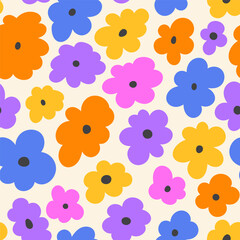Modern vector seamless pattern with flowers. Colorful abstract flowers trendy background. Simple shapes hand drawn flowers repeatable backdrop for surface design