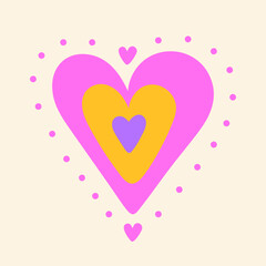 Abstract shapes of hearts. Naive hand drawn illustration design with decoration. Colorful vector clipart