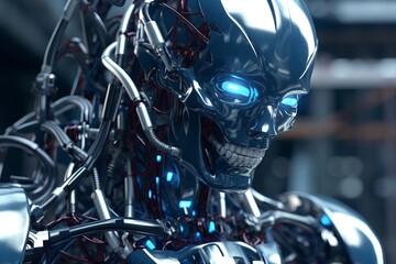 3D Render of a Cybernetic Robot Closeup Background