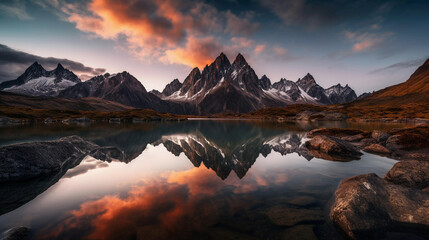 Fototapeta na wymiar A beautiful lake among the mountains against the backdrop of sunset or dawn.