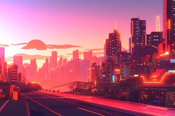Fototapeta premium 3D Render of a Futuristic Neon Summer City