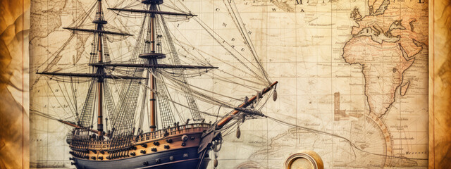 Old sailboat, compass and ancient map historical background.