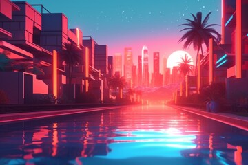 Fototapeta premium 3D Render of a Futuristic Neon Summer City