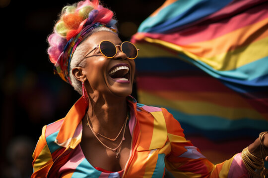 Senior stylish afro-american woman lady with extravagant clothes and sunglasses. Carefree positive pensioner wear trendy colourful pride outfit. LGBT pride celebration lifestyle concept. Generative AI