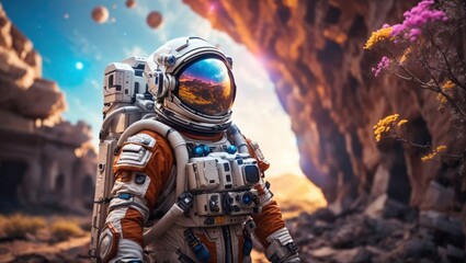 An astronaut exploring an otherworldly planet's surface with a mystical atmosphere and ancient ruins in the background. Ai generated.