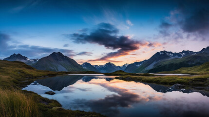 A beautiful lake among the mountains against the backdrop of sunset or dawn.
