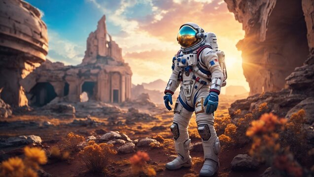 An astronaut exploring an otherworldly planet's surface with a mystical atmosphere and ancient ruins in the background. Ai generated.